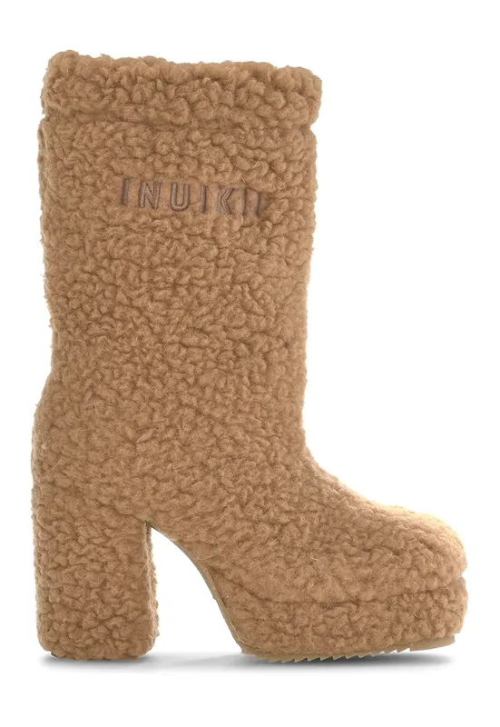 Cizme medii din blana shearling cu toc masiv - Caramel