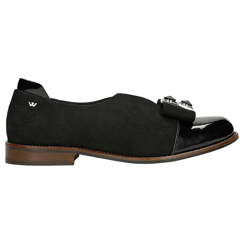 Pantofi slip-on de damă culoare neagră, cu decupaj decorativ și fundiță