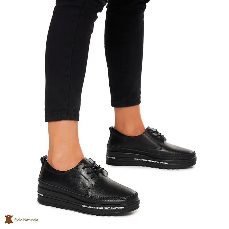 Pantofi Casual dama din Piele naturala cu talpa groasa CRL0053 NEGRU
