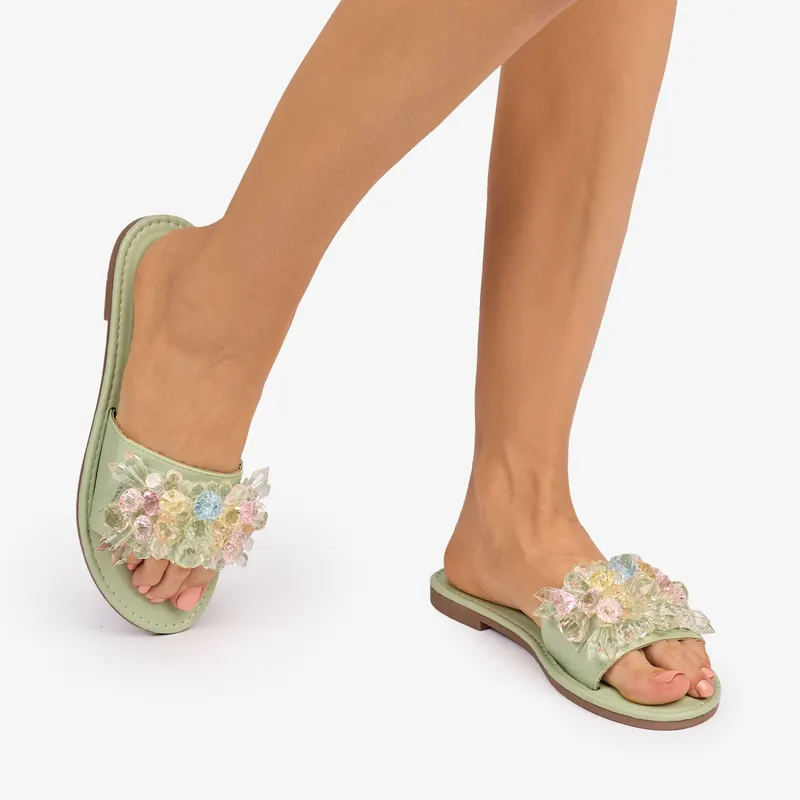 PAPUCI dama din Piele ECOLOGICA cu pietre cristaline colorate CRL1081 CULOARE: Verde