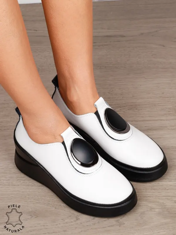 PANTOFI CASUAL DAMA Piele Naturala Slip-on cu deatliu in fata CRL1443 ALB