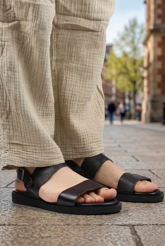 SANDALE BARBATI DIN PIELE NATURALA - UNO BLACK