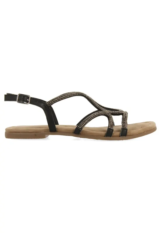 Sandale de piele cu talpa plasat si strasuri - Negru