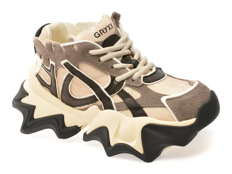 Pantofi sport bej, 1008617, din material textil si piele naturala