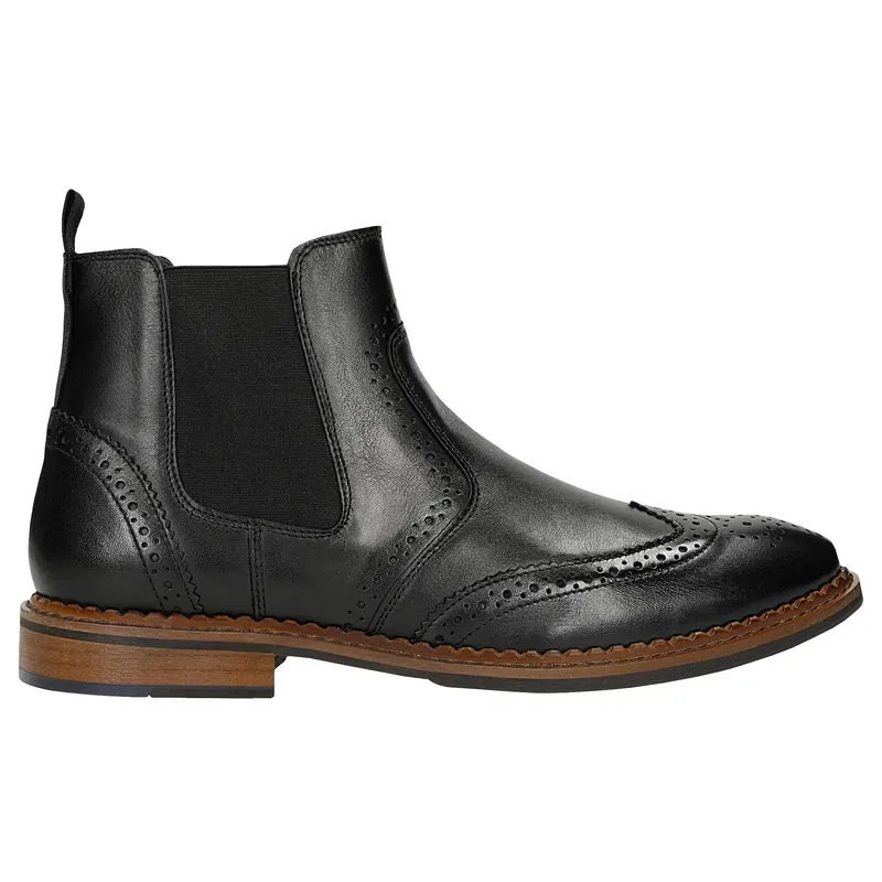 Ghete Chelsea negre din piele cu brogue decorativ