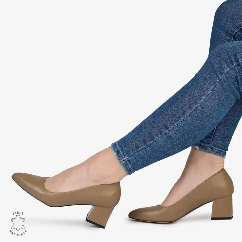 Pantofi Eleganți dama din Piele Naturala CU TOC MIC CRL0981 KHAKI