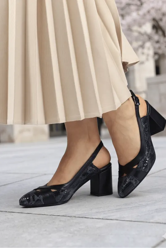 Pantofi Eleganti Decupati cu Toc din Piele Neagra - KYZ Snake