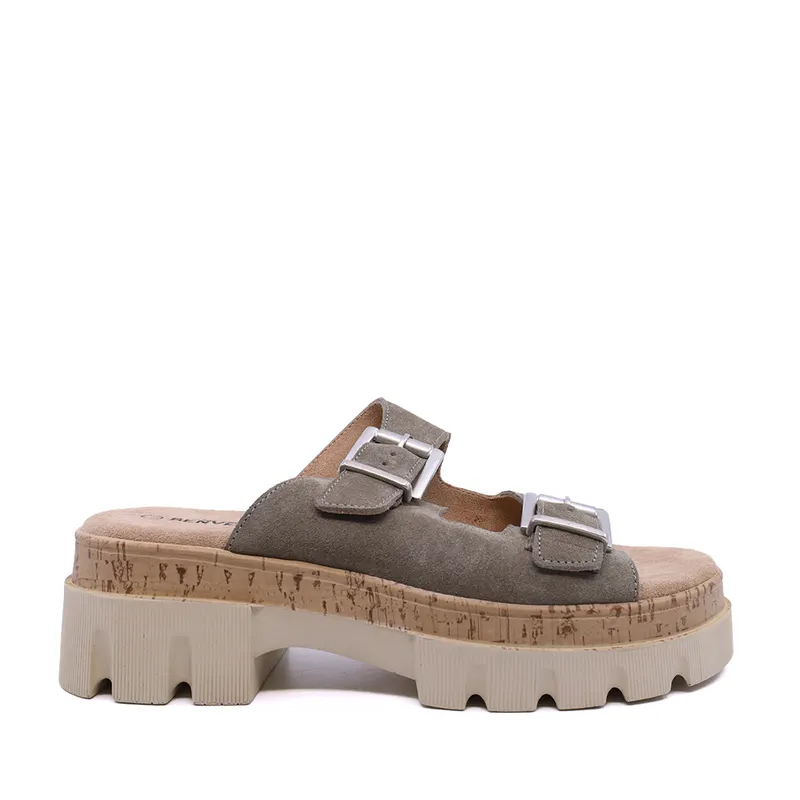 Saboți chunky femei verde kaki din piele întoarsă 1937DST424188VV