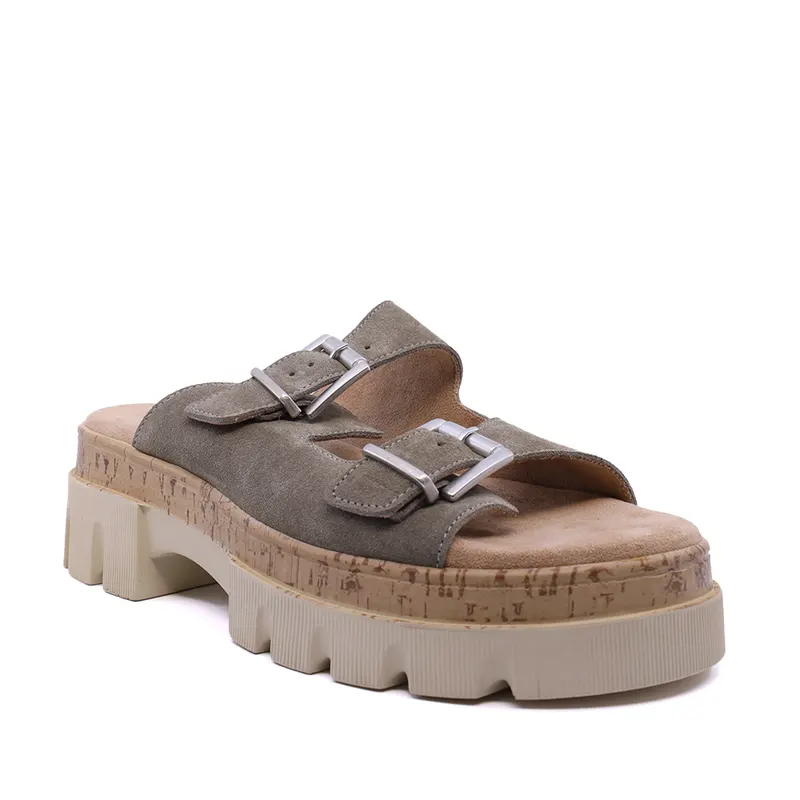 Saboți chunky femei verde kaki din piele întoarsă 1937DST424188VV — imaginea 2