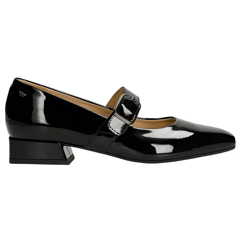 Pantofi stiletto negri lăcuiți Mary Jane cu curea groasă