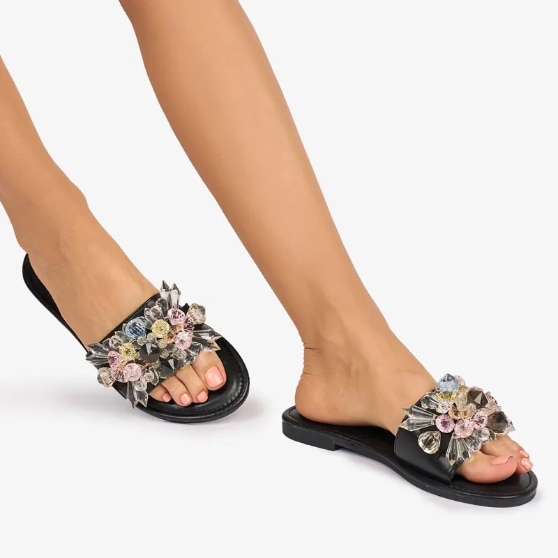 PAPUCI dama din Piele ECOLOGICA cu pietre cristaline colorate CRL1081 CULOARE: Negru