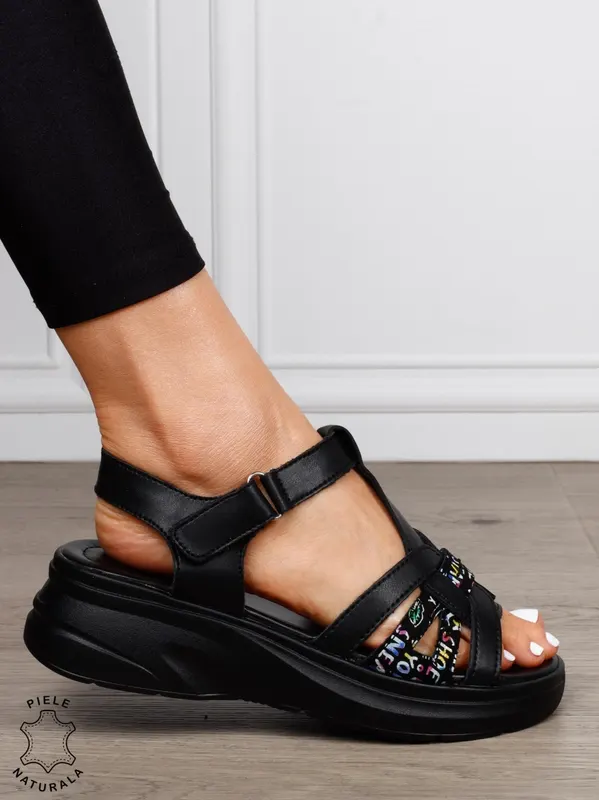 SANDALE Dama Piele Naturala cu talpa usor inalta CRL1603 NEGRU