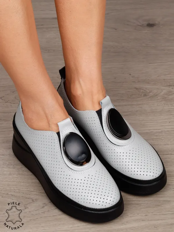 Pantofi damă din piele naturală model comod cu element decorativ frontal CRL1443 GRI