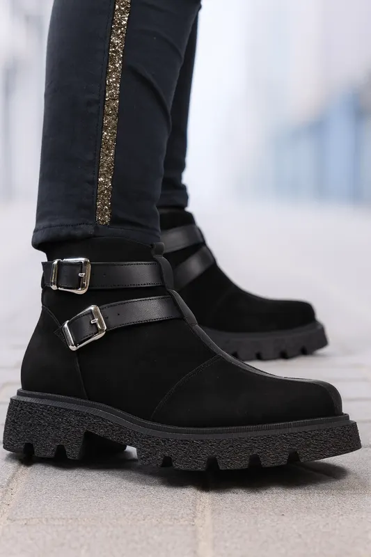 Ghete Casual Dama din Piele cu Catarame Negre - TRYZZ