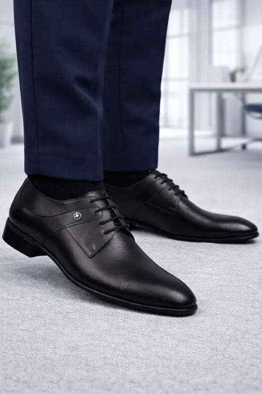 Pantofi Eleganti Barbati din Piele cu Siret Negri - BRONSIN