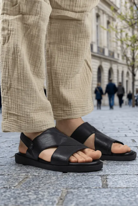 SANDALE BARBATI DIN PIELE NATURALA - DUE BLACK