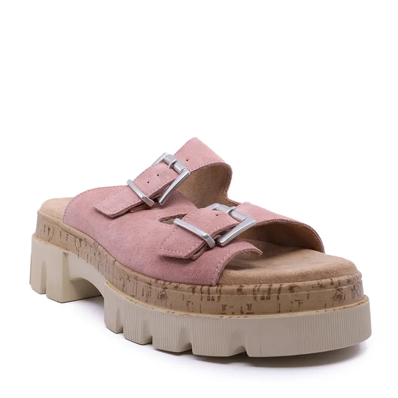 Saboți chunky femei roz din piele întoarsă 1937DST424188VRO — imaginea 2