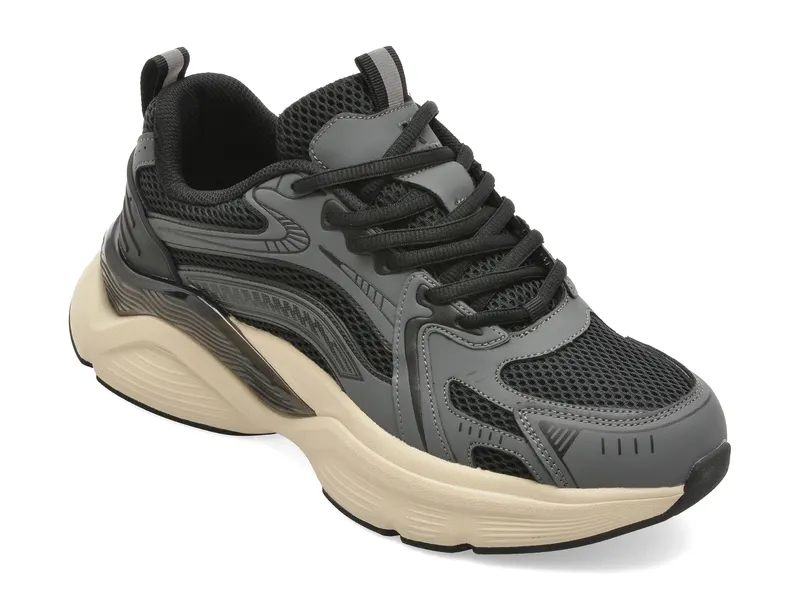 Pantofi sport negri, 608, din material textil si piele naturala