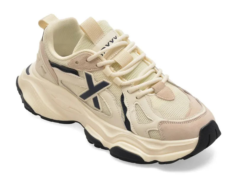 Pantofi sport bej, Y508, din material textil si piele naturala
