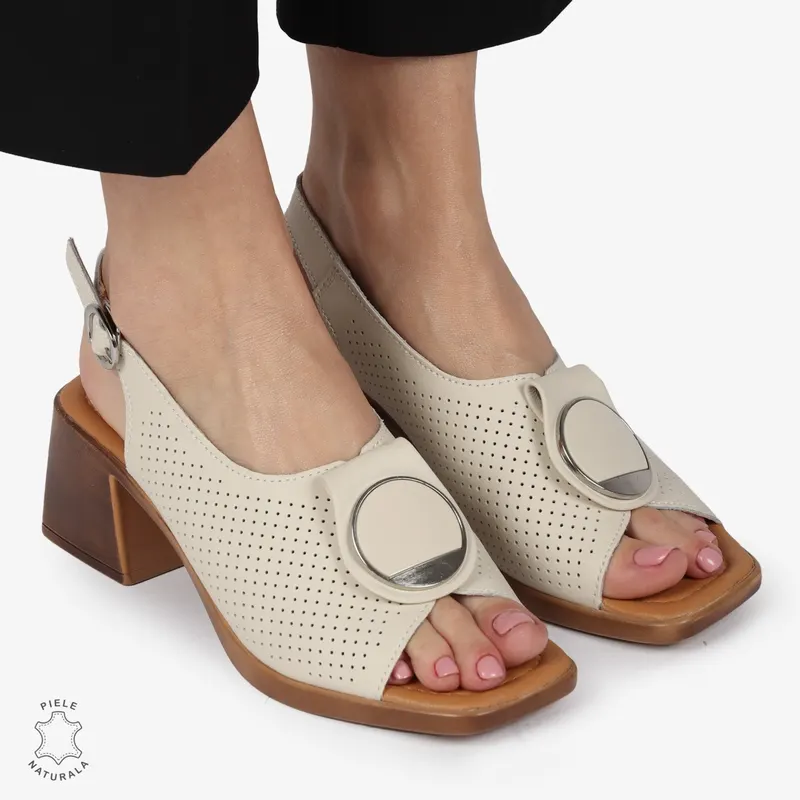 SANDALE dama din Piele Naturala PERFORATA CU TOC PATRAT SI CATARAMA CRL1370 BEJ