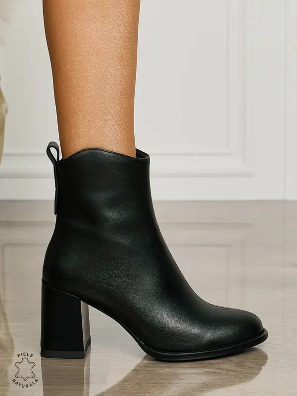 Botine DAMA din PIELE NATURALA CU TOC GROS CRL1497 Negru