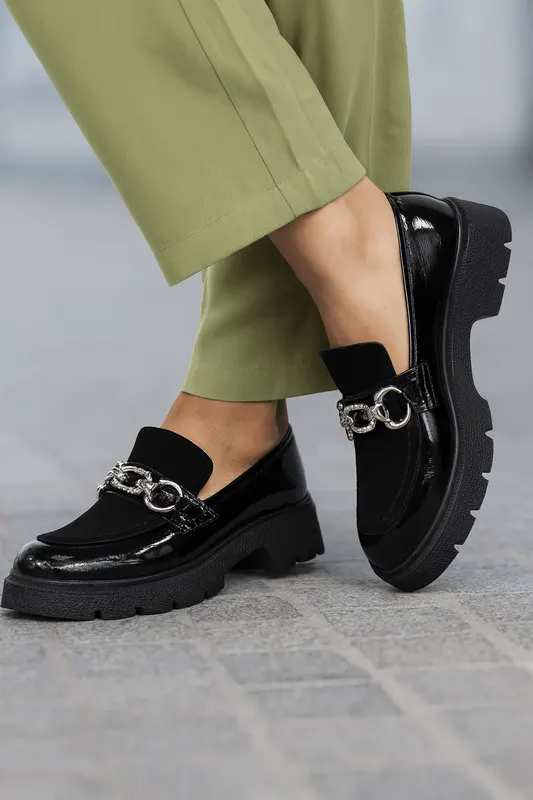 Pantofi Casual Dama din Piele cu Accesoriu Negri - ELBA