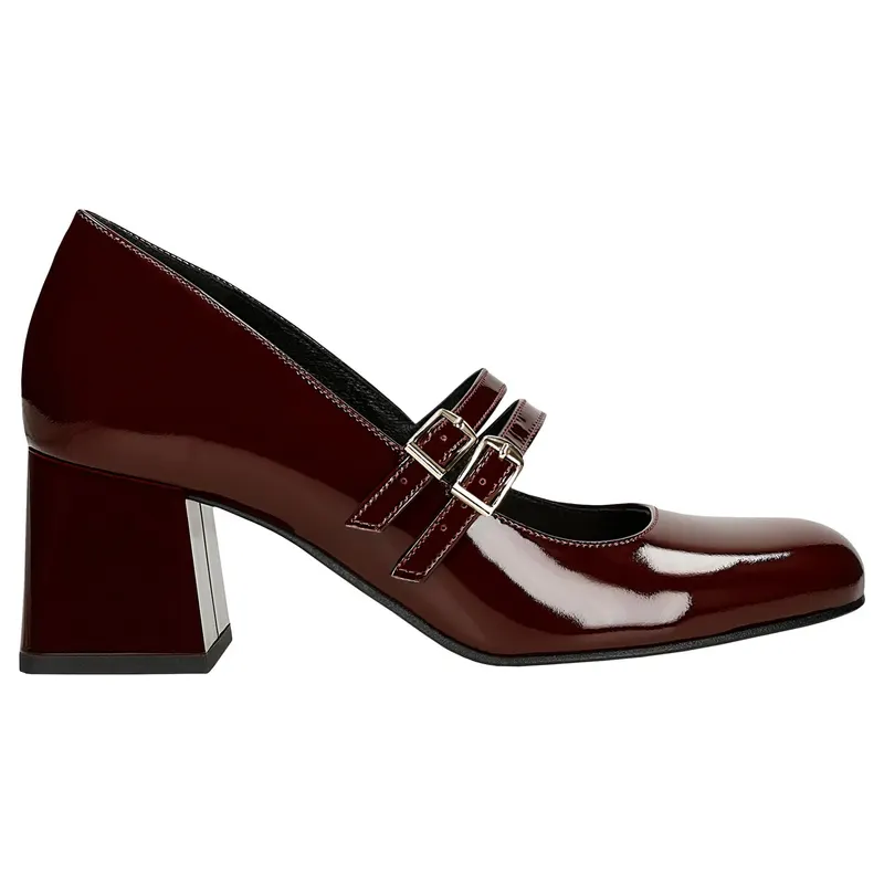 Pantofi stiletto bordo lăcuiți Mary Jane cu toc gros
