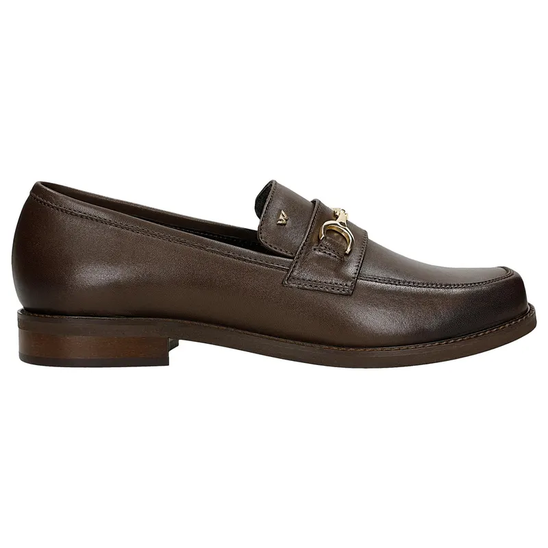 Mocasini damă din piele maro cu ornament auriu