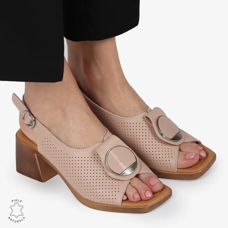 SANDALE dama din Piele Naturala PERFORATA CU TOC PATRAT SI CATARAMA CRL1370 ROZ