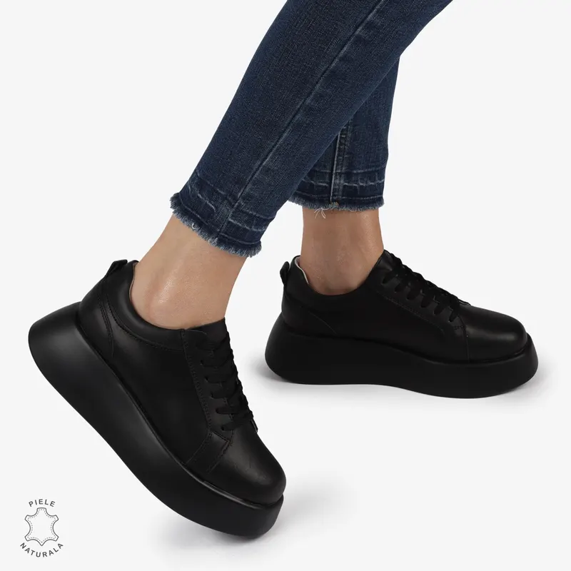Pantofi casual piele naturala cu talpa inalta CRL881 NEGRU