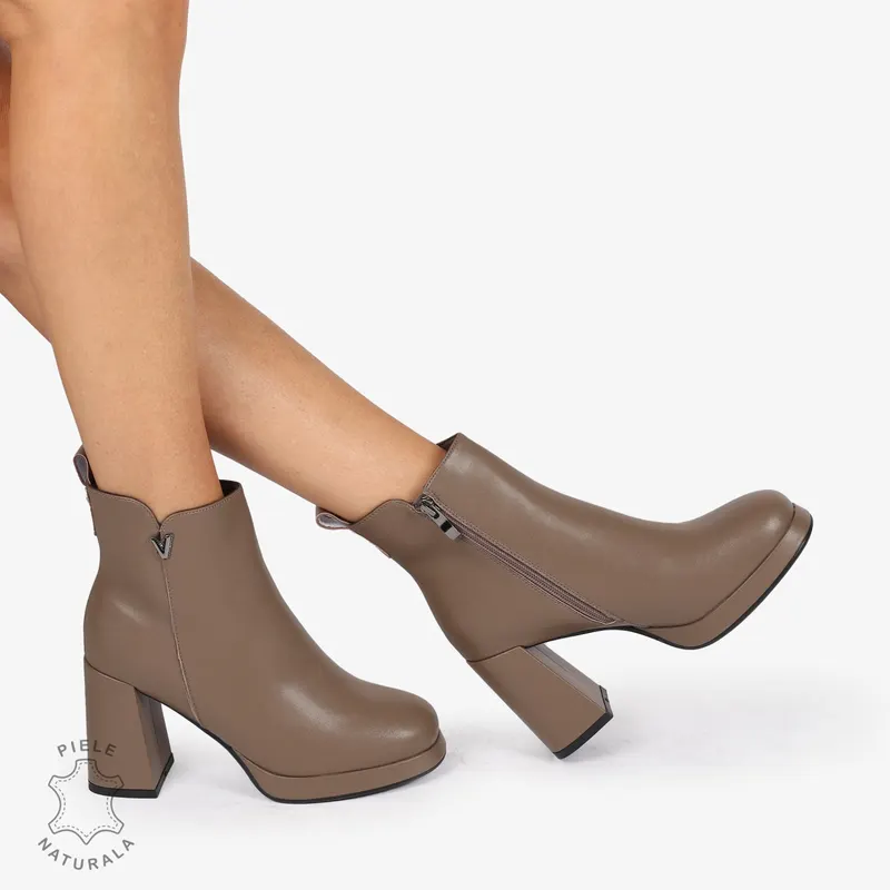 Botine dama Piele Naturala cu inchidere fermoar si toc Gros Inalt CRL1255 khaki