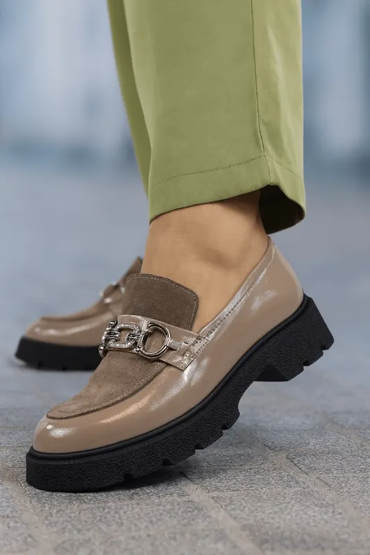 Pantofi Casual Dama din Piele cu Accesoriu BEJ - ELINA