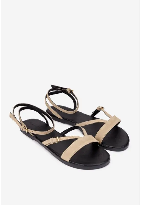 Sandale din piele intoarsa cu talpa plata - Maro taupe