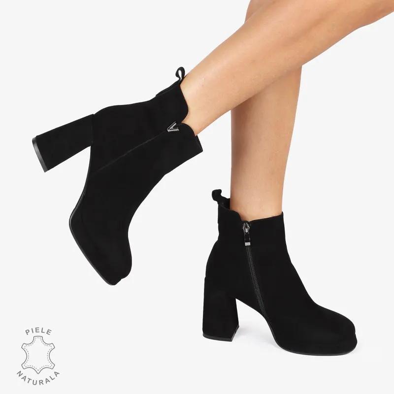 botine dama piele naturala Intoarsa cu toc Gros Inalt CRL1255 NEGRU