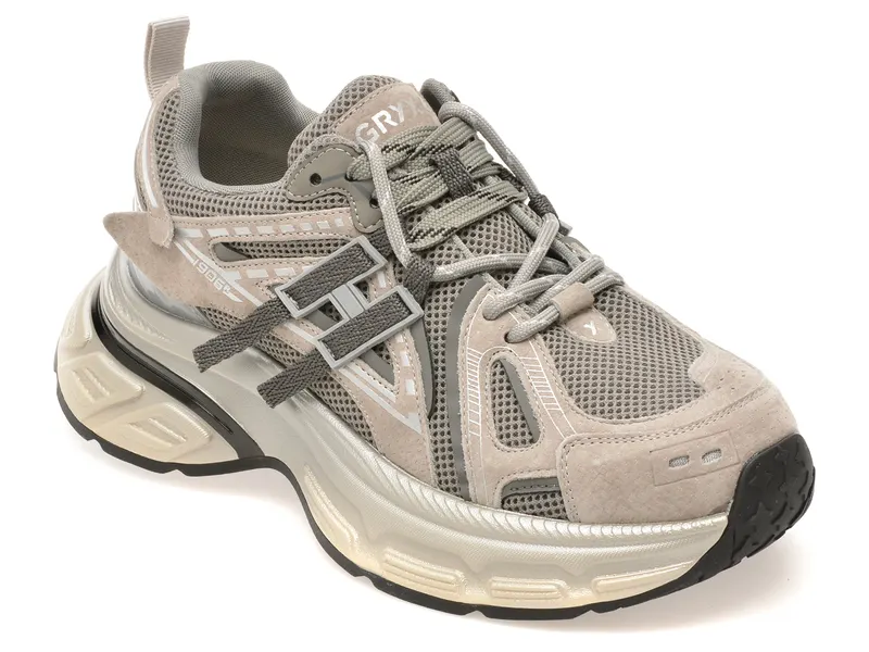 Pantofi sport gri, 8891, din material textil si piele naturala
