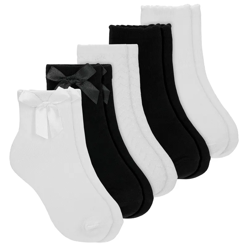 Șosete din bambus pentru fetițe cu fundițe și decorațiuni discrete - set de 5 perechi