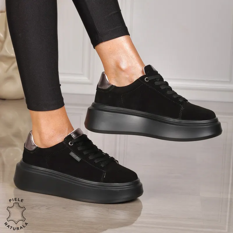 Pantofi sport damă robusti din piele naturală CRL1451 NEGRU
