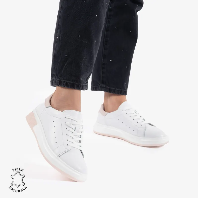 PANTOFI CASUAL DE DAMA DIN PIELE NATURALA CRL0770 ALB CU ROZ