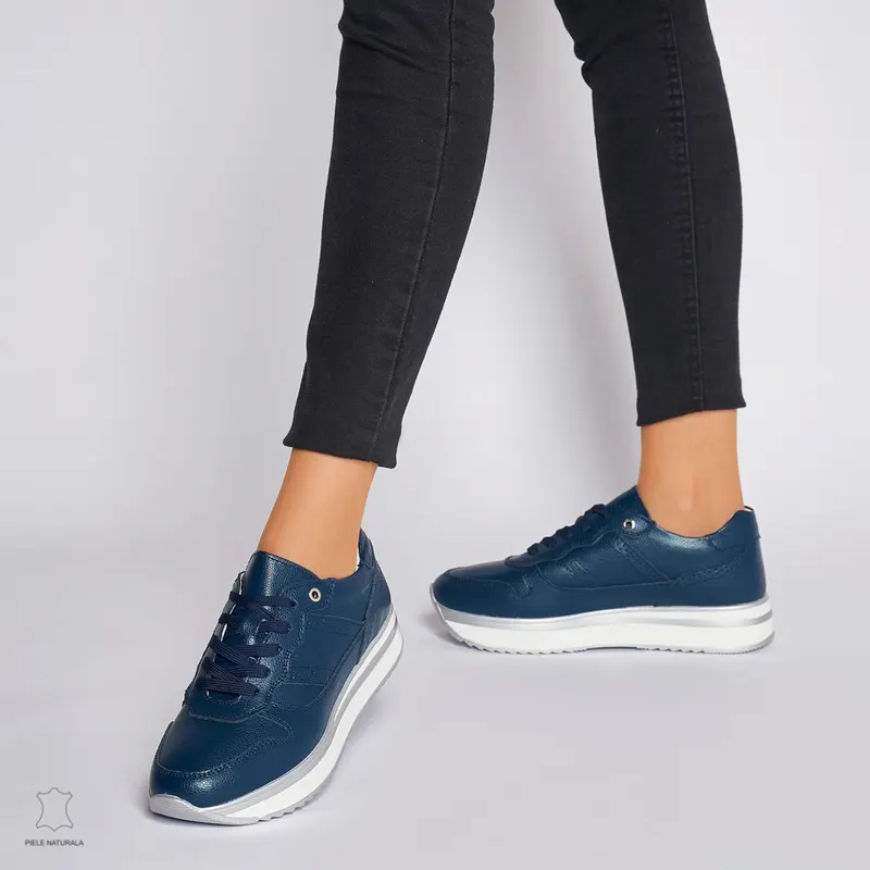 Pantofi casual de dama din piele naturala cu talpa groasa CRL0001 Bleumarin