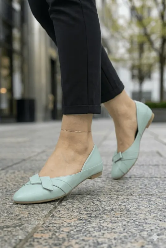 Balerini din Piele Albastri cu Accesoriu - MYN BLU