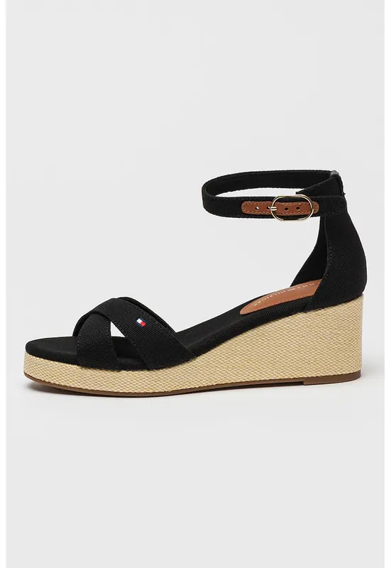 Sandale din material textil cu talpa wedge - Negru
