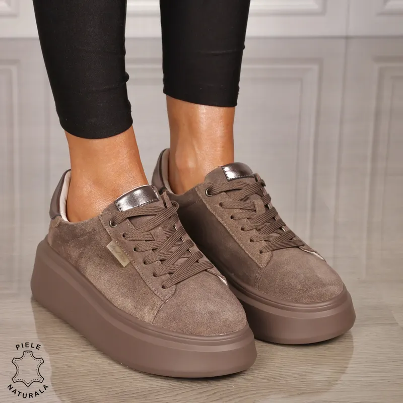 Pantofii casual din piele naturala robusti CRL1451 TAUPE