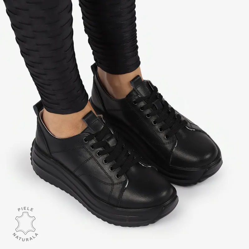 Pantofi casual piele naturala cu talpa inalta CRL1307 NEGRU