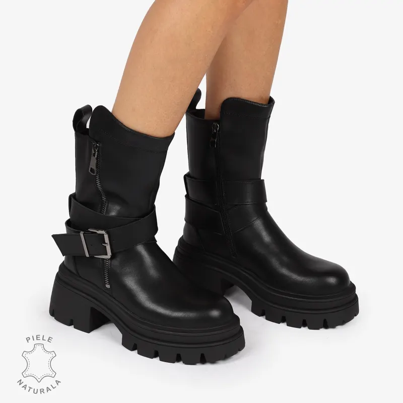 GHETE DAMA PIELE NATURALA cu Talpă Aderentă si Catarama CRL1253 NEGRU