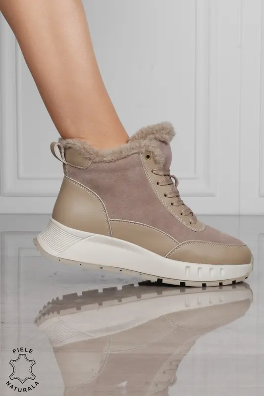 GHETE DAMA scurte din PIELE Naturala Combinata cu Piele intoarsa CRL1528 khaki