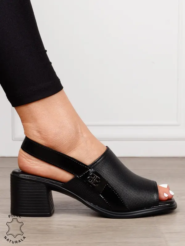 Sandale dama din Piele Naturala cu toc gros CRL1639 NEGRU