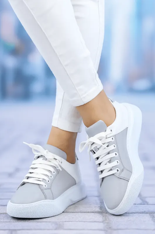 Pantofi Sport Dama din Piele Gri cu Alb - IVONA