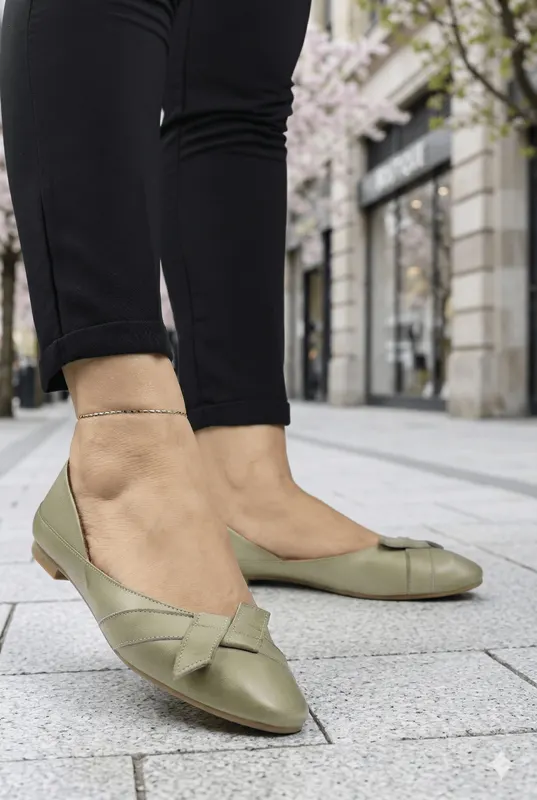 Balerini din Piele Verde cu Accesoriu - MYN AVOCADO
