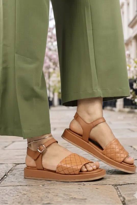 Sandale din Piele Maro cu Broderie - Fancy CAMEL