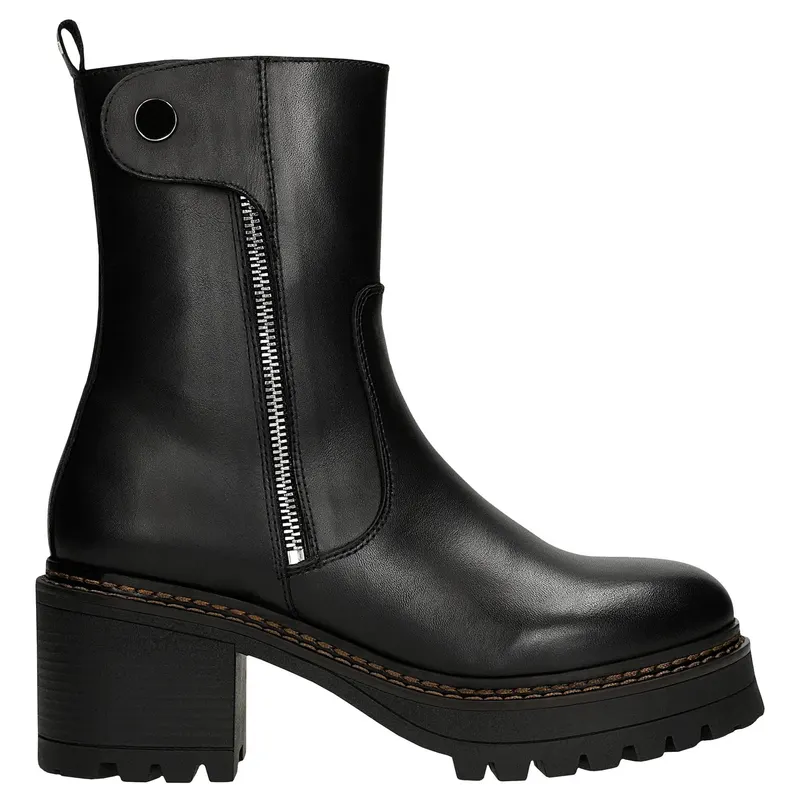 Botine negre din piele cu toc gros